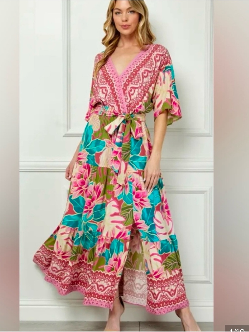 Fig and flower Pink, Teal & Cream Floral V-Neck Maxi Dress